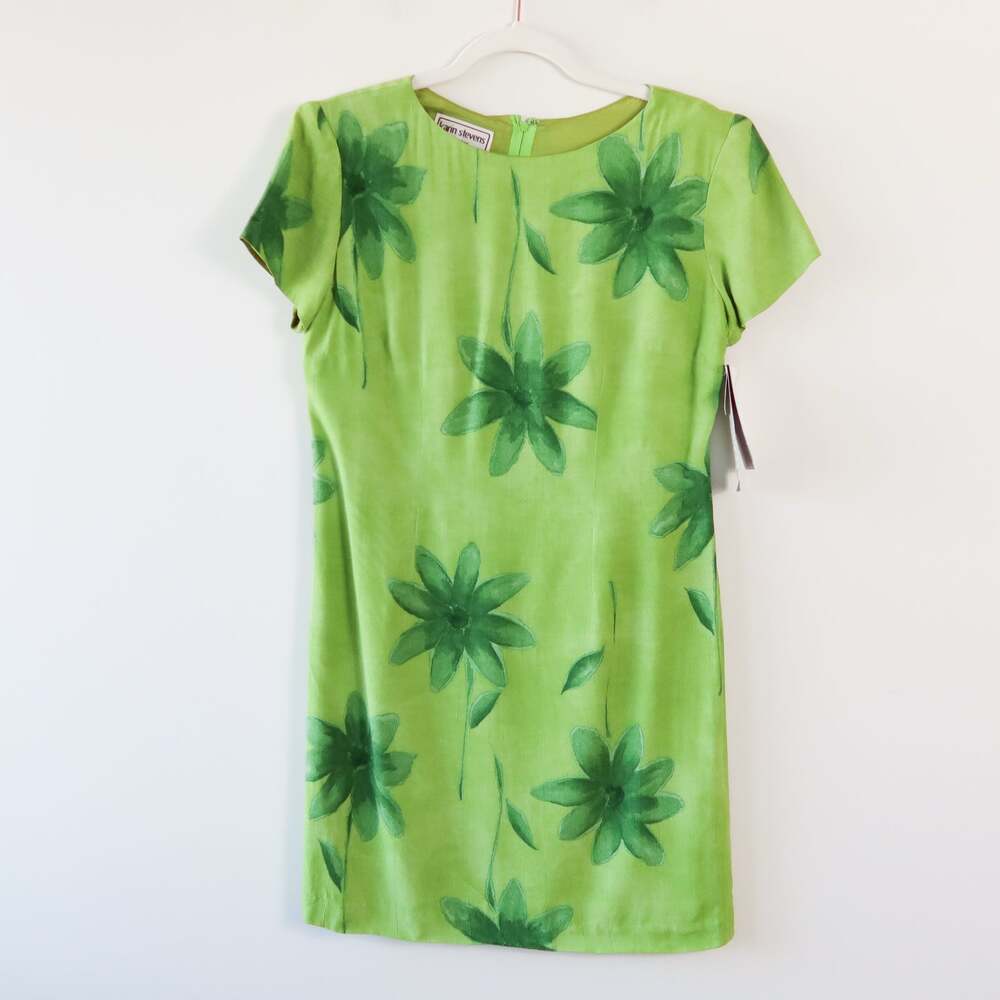 Vintage Karin Stevens Petites Lime Green Floral Dress Size 8